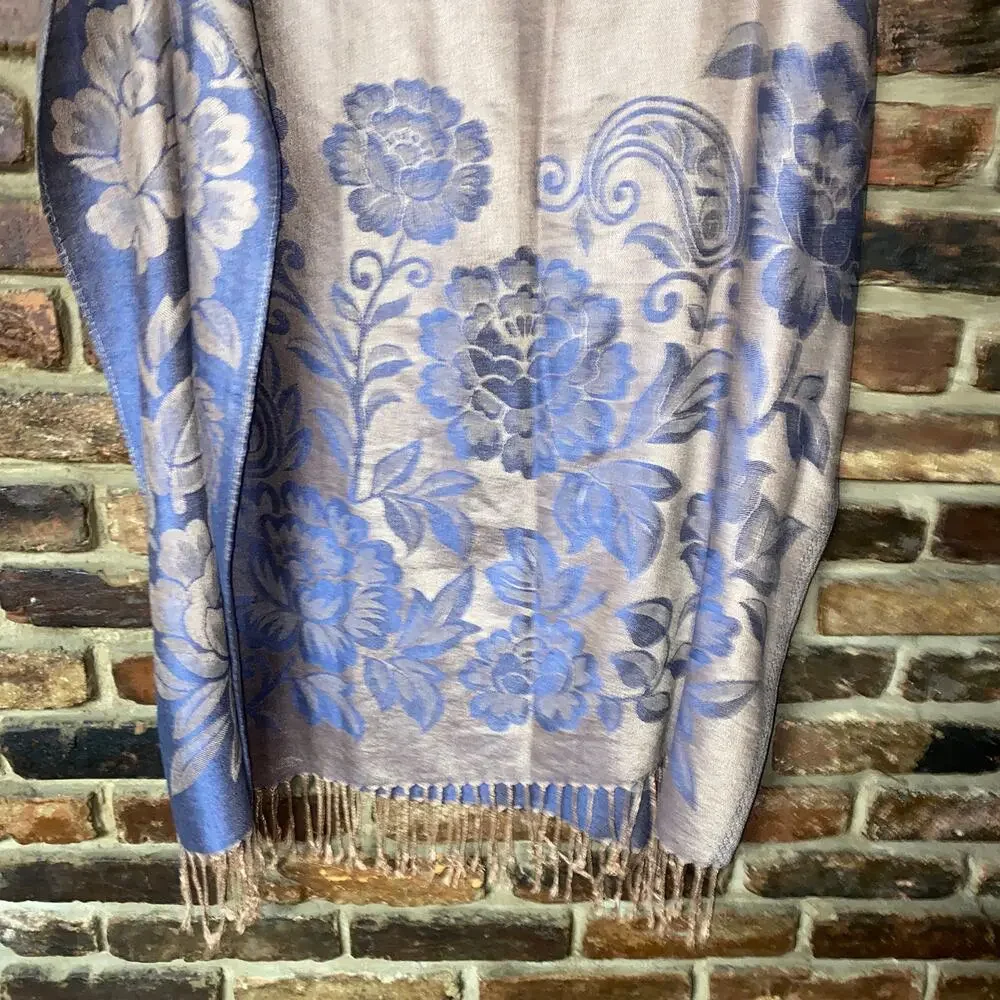 Pashmina Tan Blue Reversible 100% Pashmina Rectangle Shawl Scarf Women's